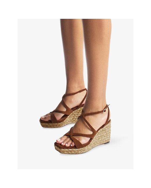 Jimmy Choo Brown Ayla 85 Suede And Raffia Wedge Sandals