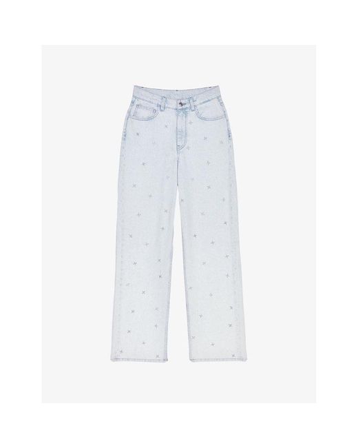 Maje White Star-rhinestone Wide-leg Mid-rise Jeans