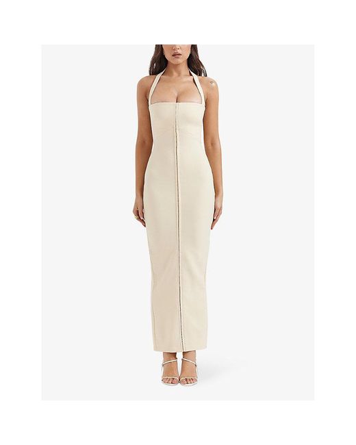 House Of Cb White Mia Halter-Neck Stretch-Woven Maxi Dress