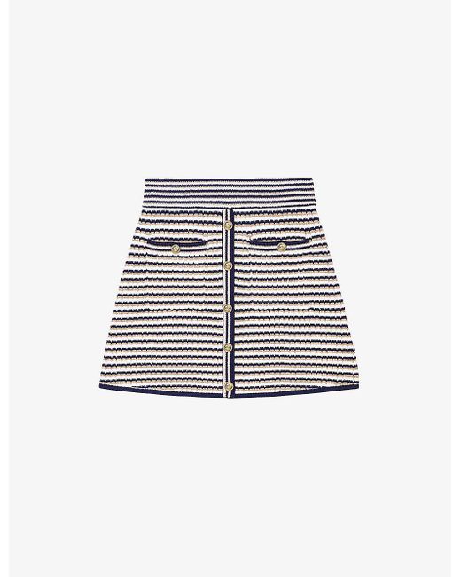Maje Gray Button-embellished Stripe Stretch Cotton-blend Mini Skirt