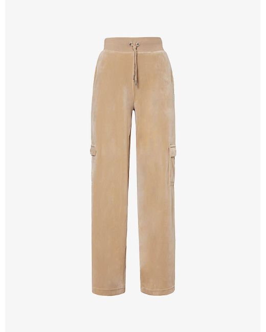 Juicy Couture Natural Rhinestone-embellished Straight-leg Mid-rise Velour Cargo Trousers