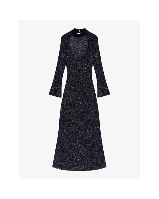 Maje Blue Open-back Sequin-embellished Knitted Maxi Dress