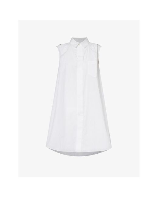 Sacai White Spread-collar Sleeveless Woven-blend Mini Dress