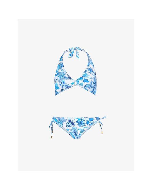 Aspiga Blue Floral-print Stretch Recycled-polyester Bikini Set