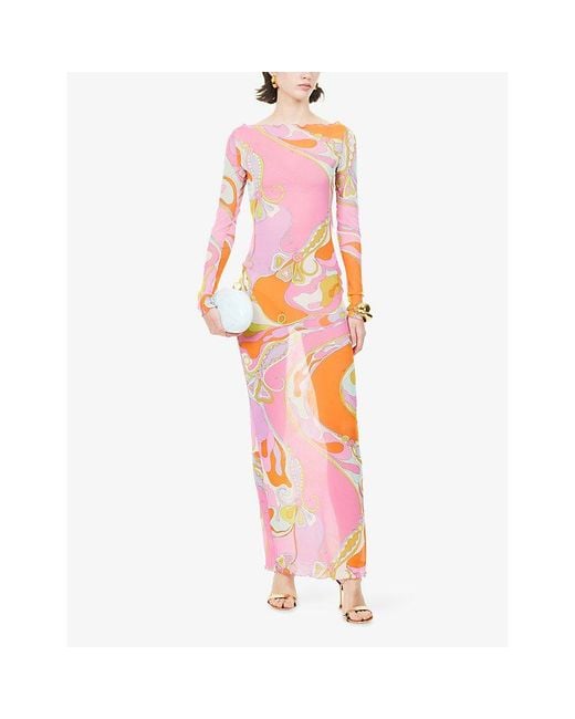 Emilio Pucci Pink Long-Sleeve Printed Tulle Maxi Dress