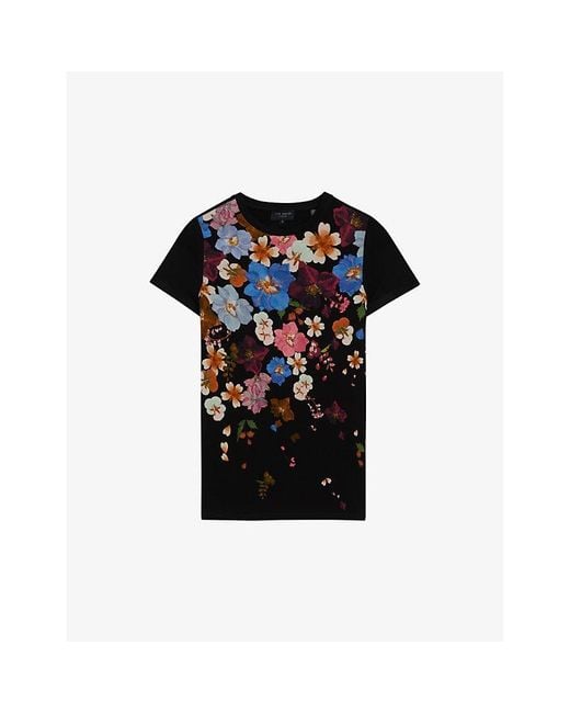 Ted Baker Black Bealaa Floral-print Slim-fit Stretch-jersey T-shirt