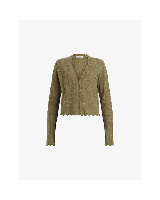 AllSaints Green Vanessa Lace-embroidered Knitted Cardigan