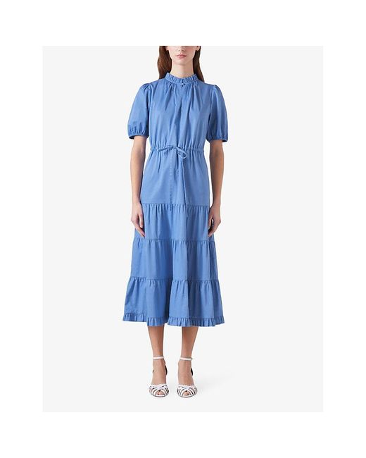 L.K.Bennett Blue Hedy Tiered-hem Tie-waist Organic-cotton Midi Dress