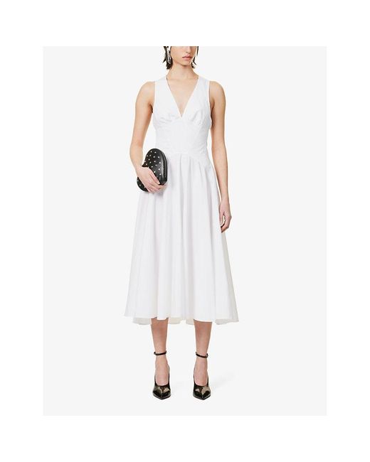 Alaïa White V-neck Striped-pattern Cotton Midi Dress