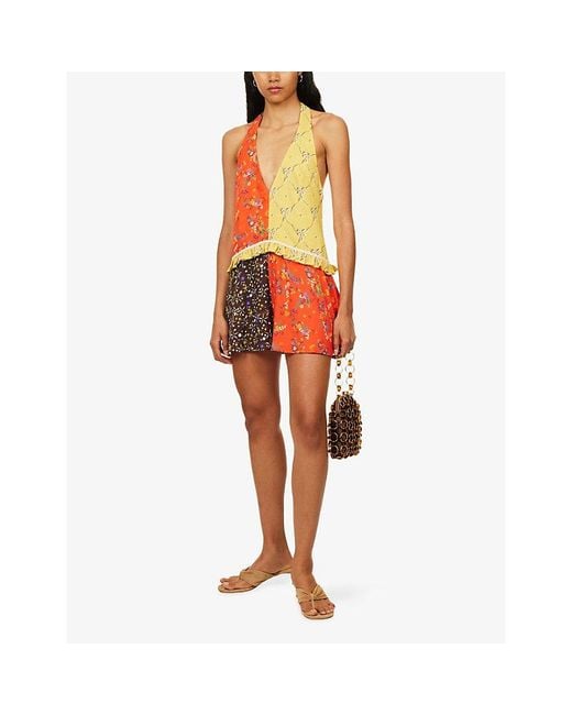 Siedres Orange Suliens Halter-Neck Cotton-Blend Playsuit