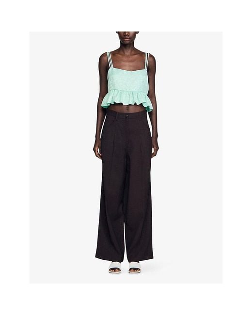 Sandro Green Ruffled Floral Jacquard Linen-Blend Crop Top