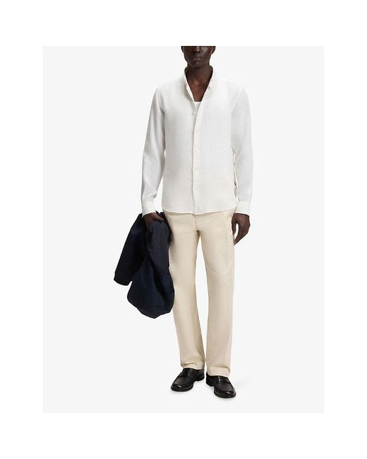 Boss White Regular-Fit Long-Sleeve Stretch-Linen Shirt for men