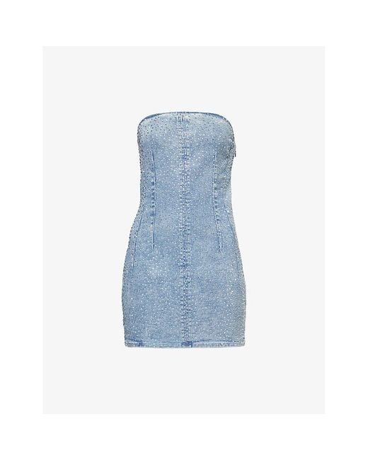 GOOD AMERICAN Blue Crystal Strapless Stretch-Denim Blend Mini Dress
