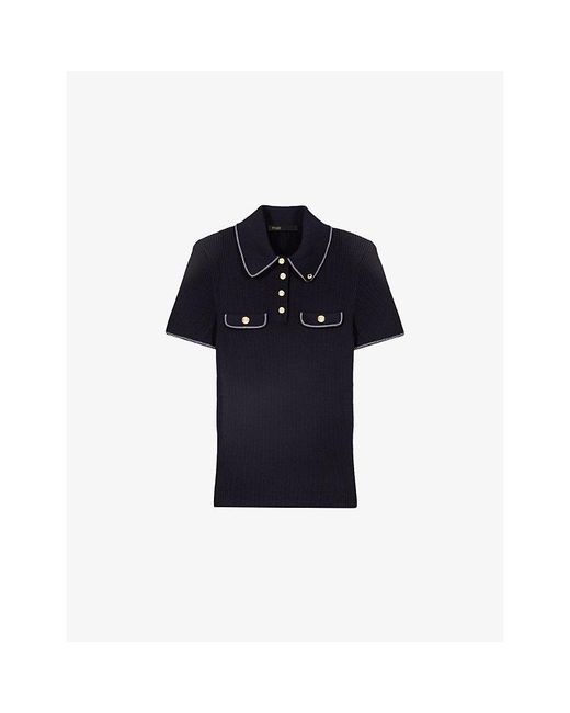 Maje Blue Short-Sleeved Ribbed Knitted Polo Shirt