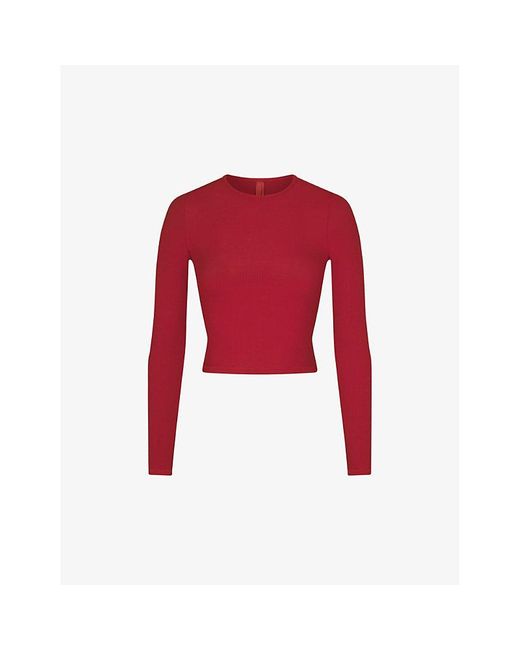 Skims Red Soft Lounge Long-sleeve Cropped Stretch-jersey Top