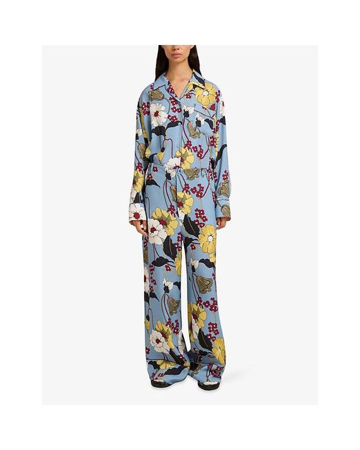 Marni Blue Floral Wide-Leg Satin Trousers