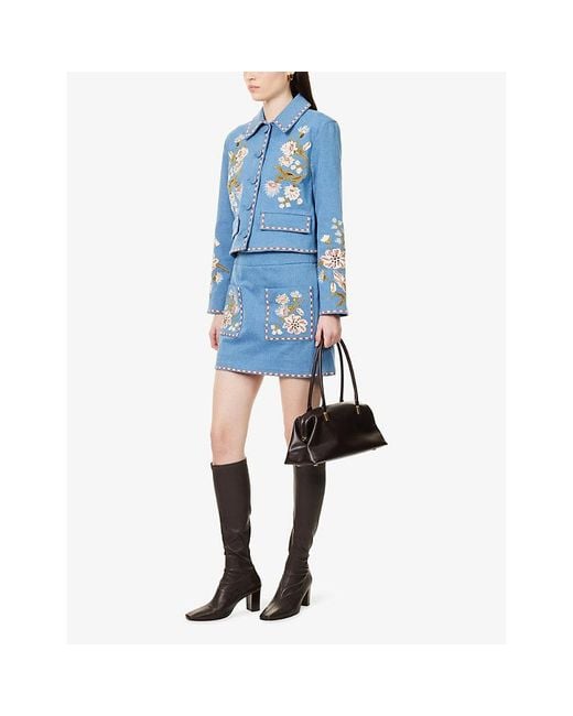 Veronica Beard Blue Pallas Embroidered Denim Mini Skirt