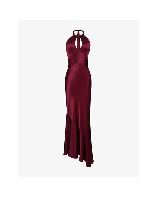 House Of Cb Red Oliviana Halter-Neck Satin Maxi Dress