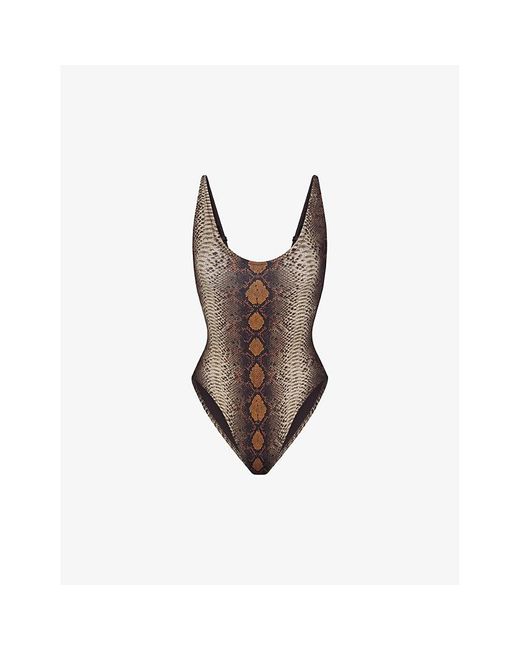 Skims Brown Signature Swim Snake-Print Stretch Recycled-Nylon Swimsuit