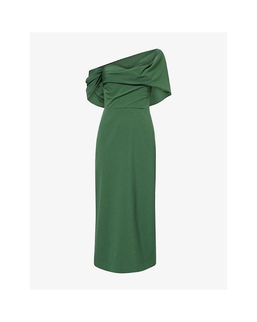 Carolina Herrera Green Draped Off-Shoulder Wool-Blend Midi Dress
