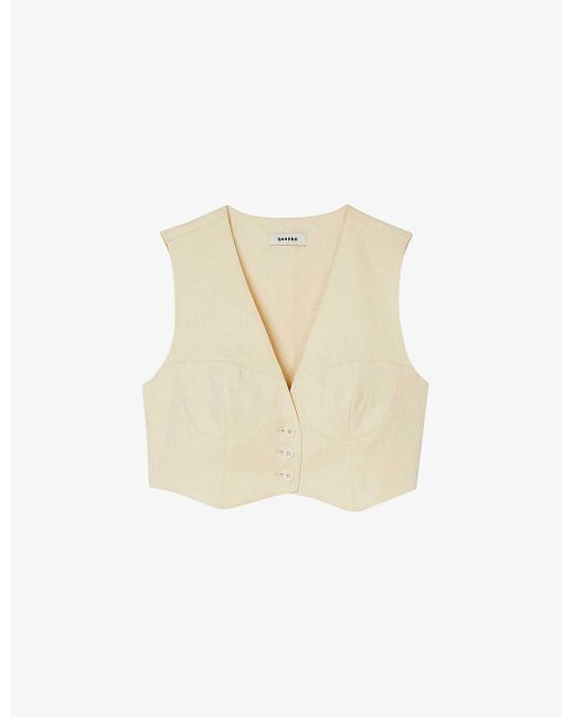 Sandro White Corset-style Cropped Stretch Linen-blend Waistcoat