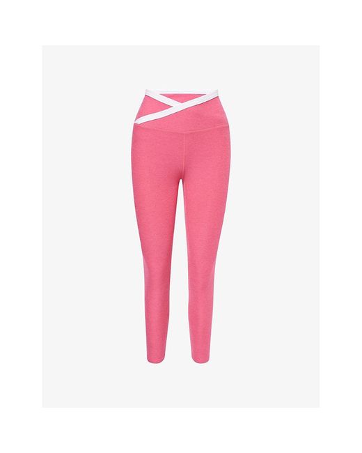 Beyond Yoga Pink Wrap-Around Contrast-Trim Stretch-Woven Leggings