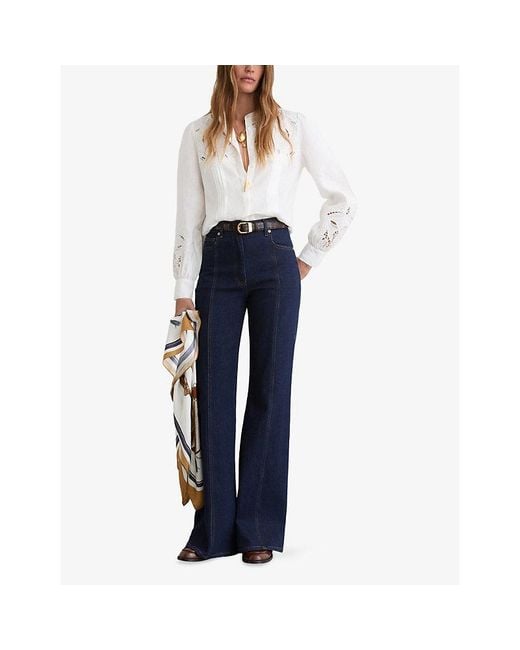Reiss White Ida Floral-Embroidered Linen Blouse