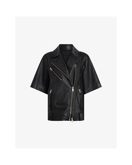 AllSaints Black Ripley Short-sleeve Leather Biker Jacket