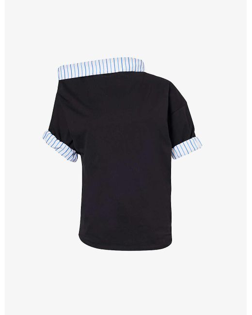 Dries Van Noten Blue Double-layered Striped-trim Cotton-jersey Top