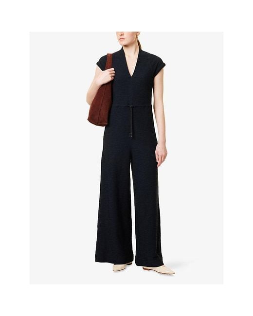 ME+EM Blue Patch-Pocket Textured Cotton-Blend Jumpsuit