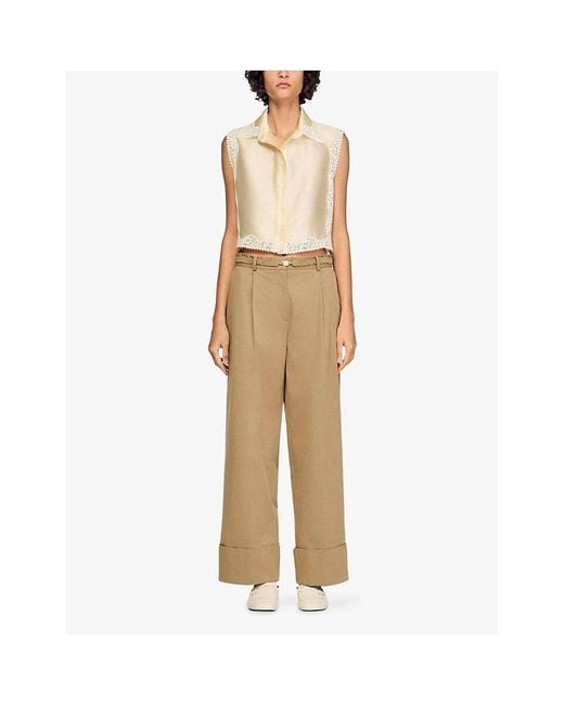 Sandro Natural Sleeveless Lace-Trim Satin Shirt