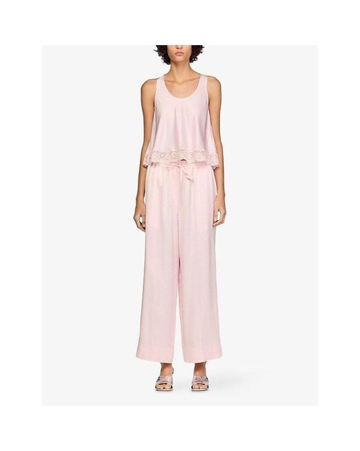 Sandro Pink Scoop-Neck Lace-Hem Satin Top