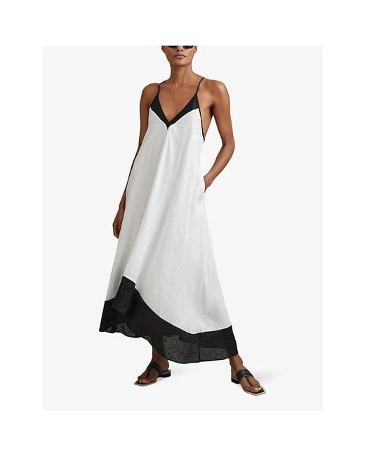 Reiss White Stevie Colour-block Cross-back Linen Maxi Dress