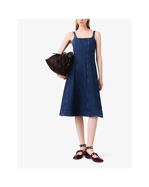 Maje Blue Round-Neck Flared-Skirt Sleeveless Stretch-Denim Midi Dress