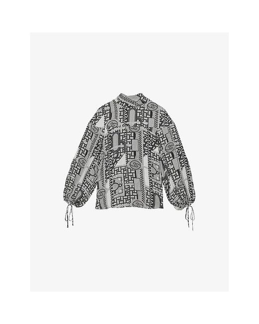 Reiss Gray Harry Tile-Print Woven Blouse