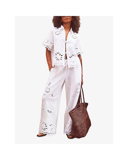 Ro&zo White Broderie Wide-Leg Cotton-Blend Trousers