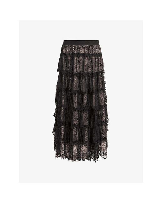 AllSaints Black Rory Tiered-Hem Lace Maxi Skirt