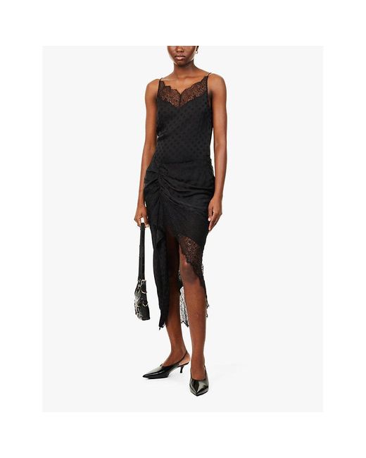 Givenchy Black Slim-Fit Lace-Trim Satin Midi Skirt