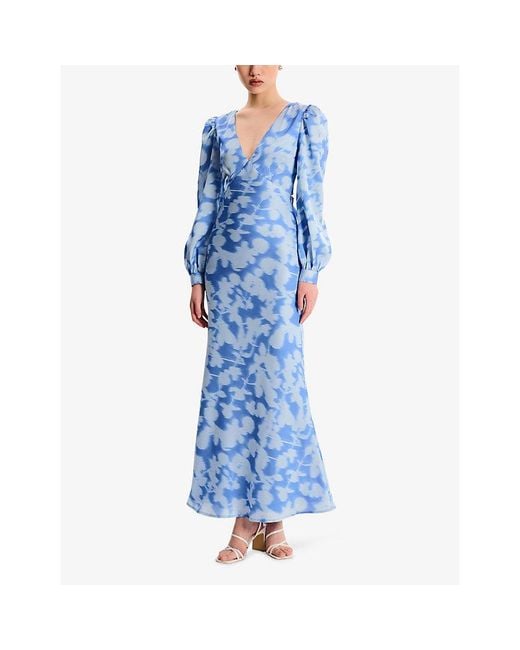 OMNES Blue Francoise V-Neck Floral-Print Satin Maxi Dress