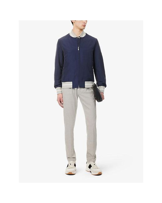 Eleventy Blue Stand-collar Ribbed-trim Linen-blend Jacket for men