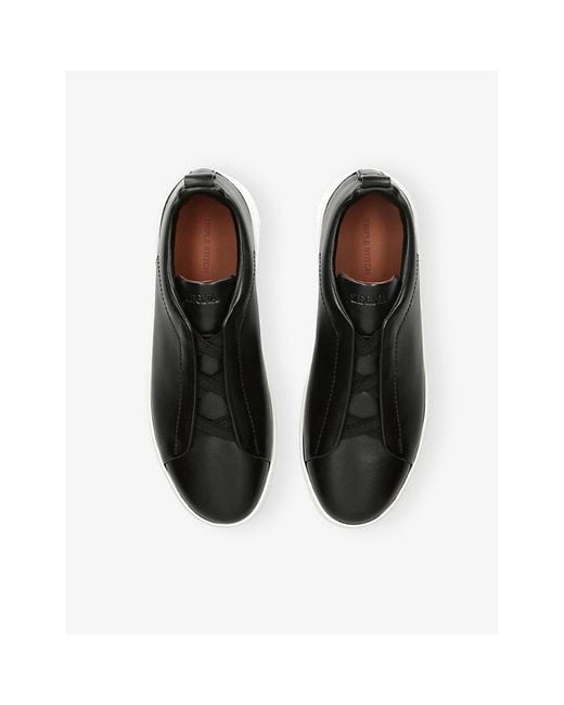 Zegna Black Triple Stitch Leather Low-Top Trainers for men