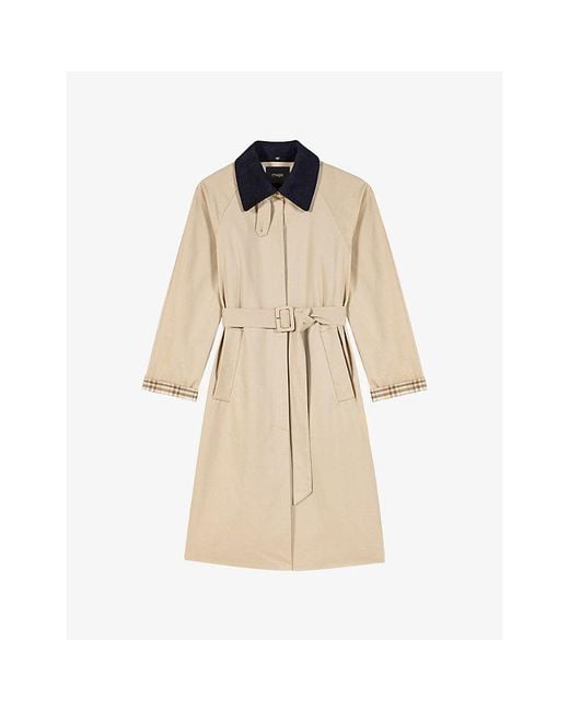 Maje Natural Corduroy-Collar Checked-Cuffs Cotton Trench Coat