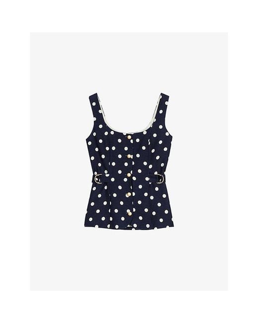 Maje Blue Polka Dot-Pattern Button-Embellished Linen-Blend Top