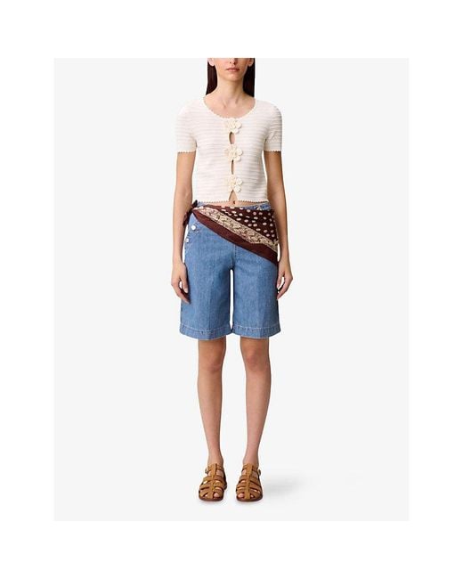 Claudie Pierlot White Striped Flower-Embroidered Stretch-Knit Jumper