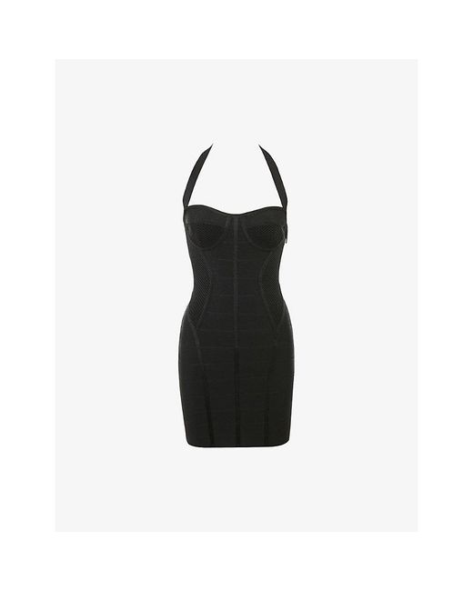 House Of Cb Black The Sculpt Halter-Neck Bandage Stretch-Woven Mini Dress Xs (A-C Cup)