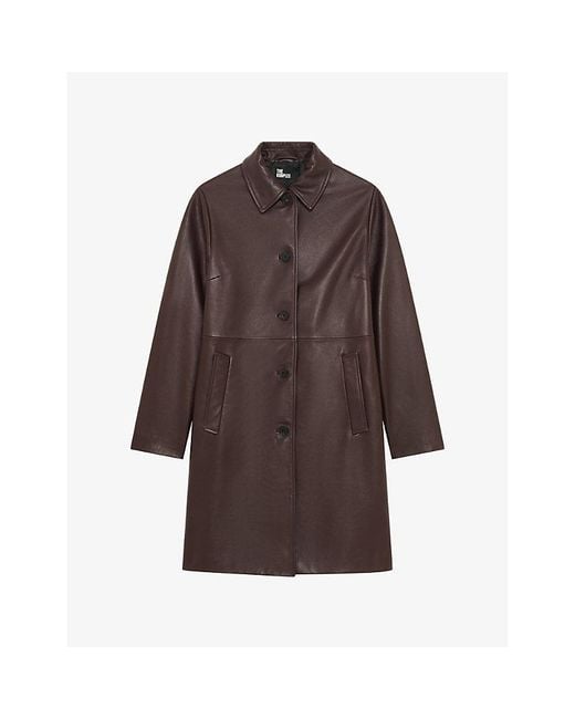 The Kooples Brown Collared Straight-Cut Leather Jacket