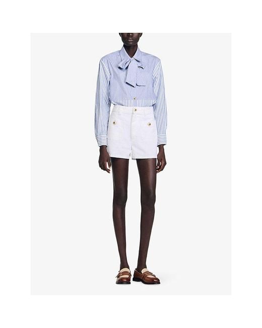 Sandro Blue Tie-Neck Striped Cotton Shirt
