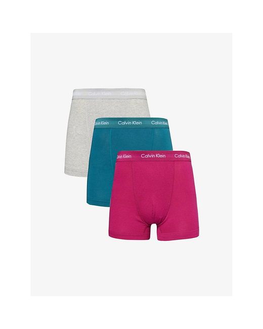 Calvin Klein Pink Logo-waistband Pack Of Three Stretch-cotton Trunks for men