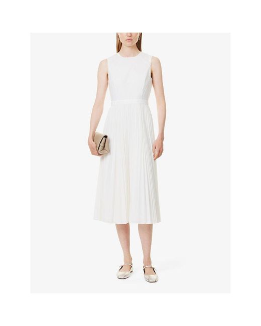 Theory White Pleated Sleeveless Woven Midi Dress