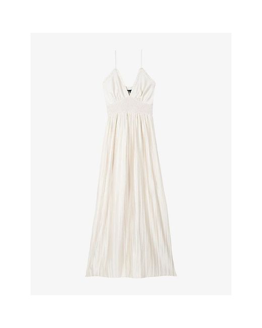 The Kooples White V-Neck Shirred-Waist Woven Maxi Dress